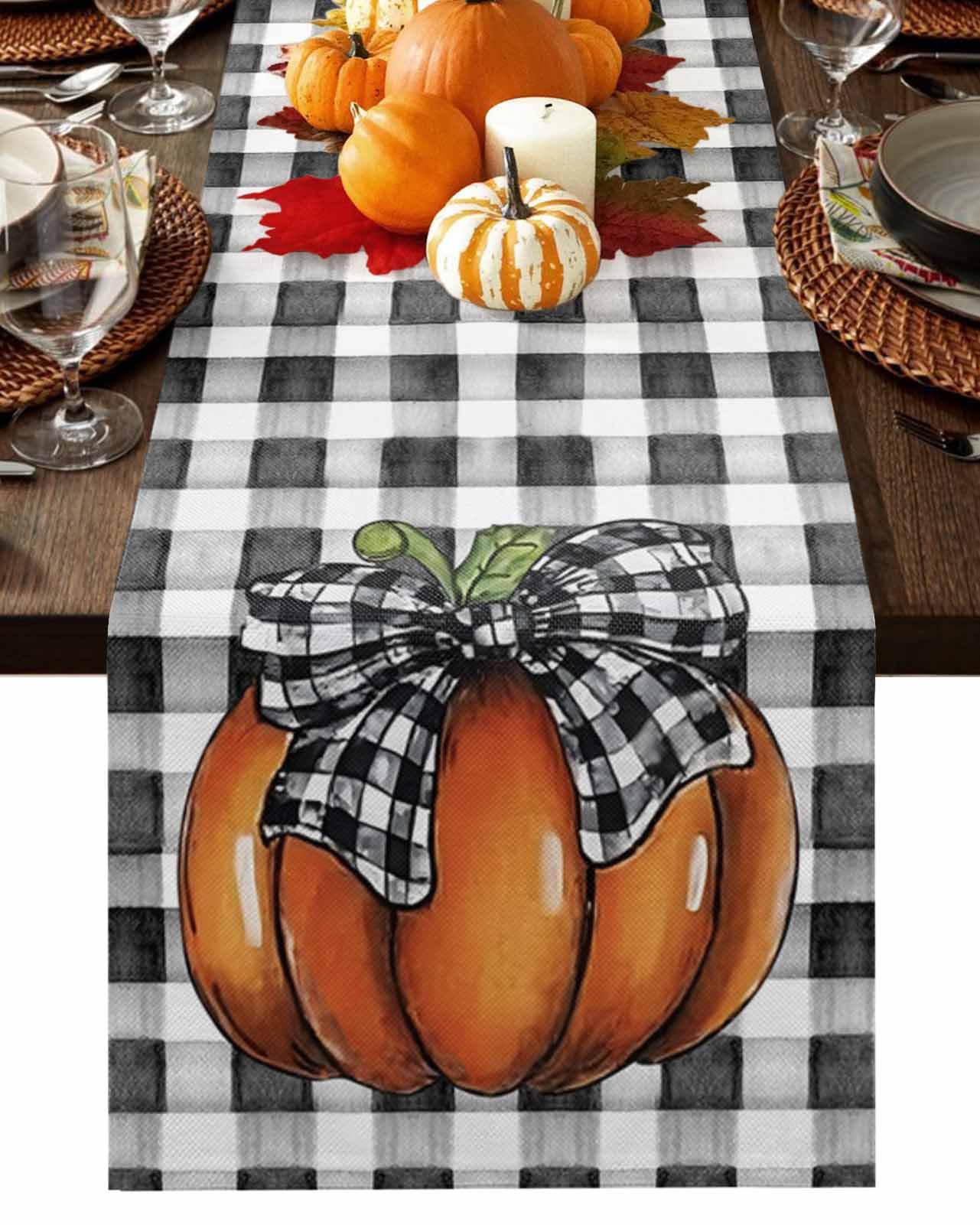 fall table runner orange pumpkin thanksgiving decorations black white plaid autumn table runners fall decor for dinner kitchen thankgiving holiday party 13x72 inch