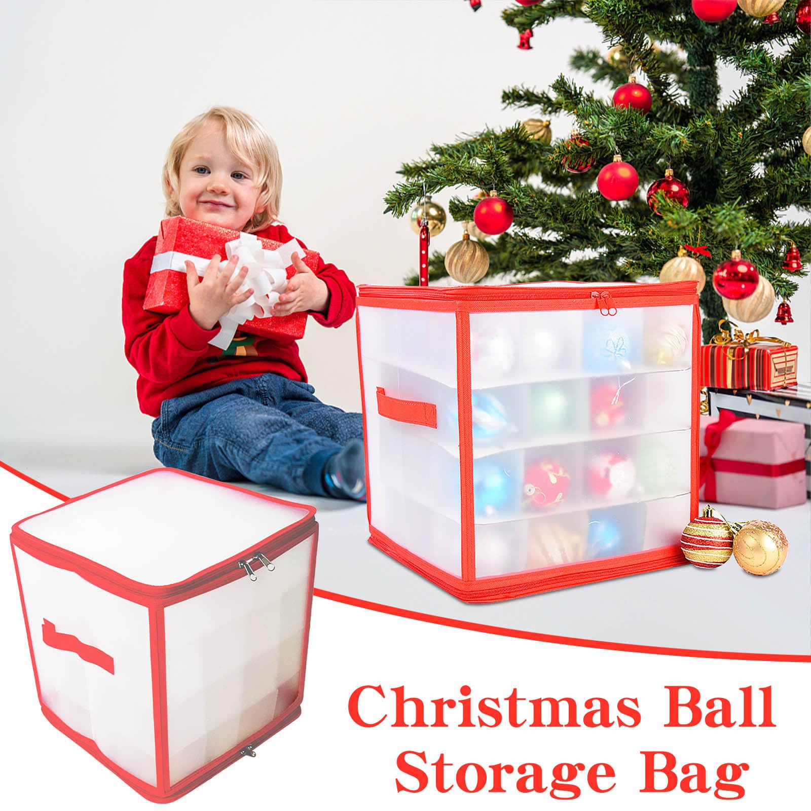 VIVIANYO HD Plastic Christmas Ornament Storage Box with Zippered Closure & Handles, 64 Compartment Christmas Decor Storage Containers Translucent Xmas Balls Cube Organizer