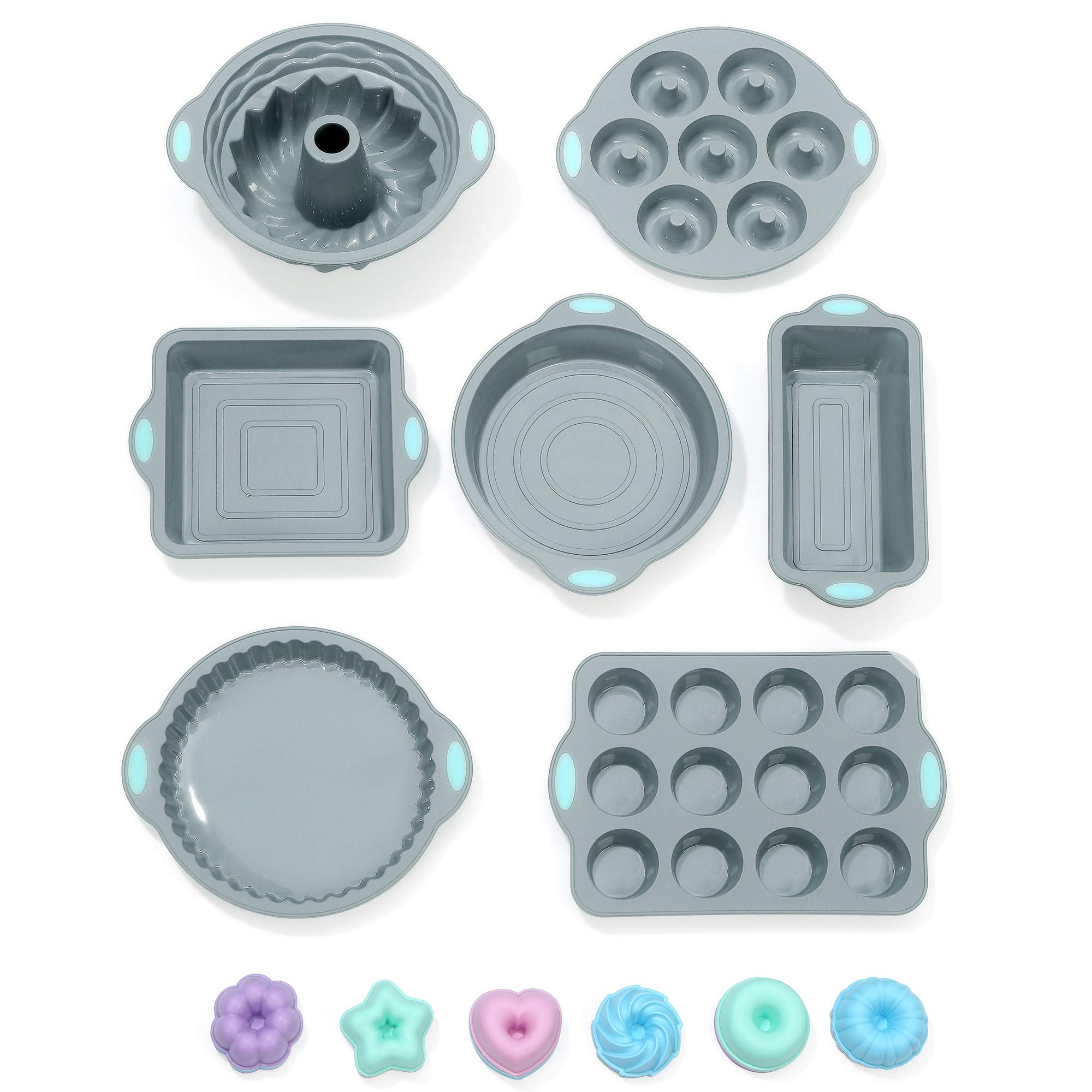 To encounter 31 Pieces Silicone Baking Pans Set, Nonstick Bakeware Sets, Non-Stick Silicone Molds, with Metal Reinforced Frame More Strength, Light Grey