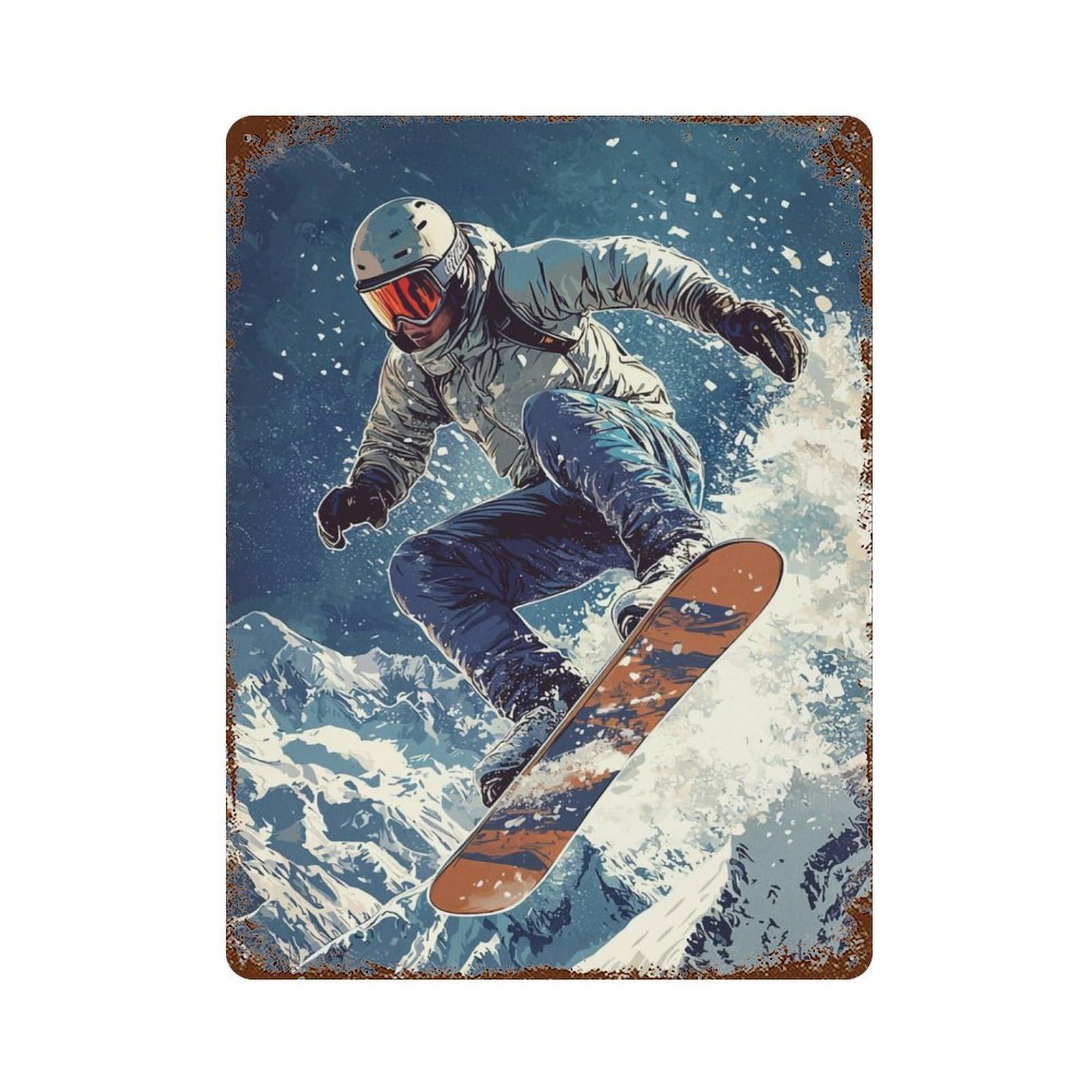 Snowboarder in Flight 15.7"x11.8" Rust Effect Tin Sign, Industrial Home Decor for Living Room, Hallway And Home Decor