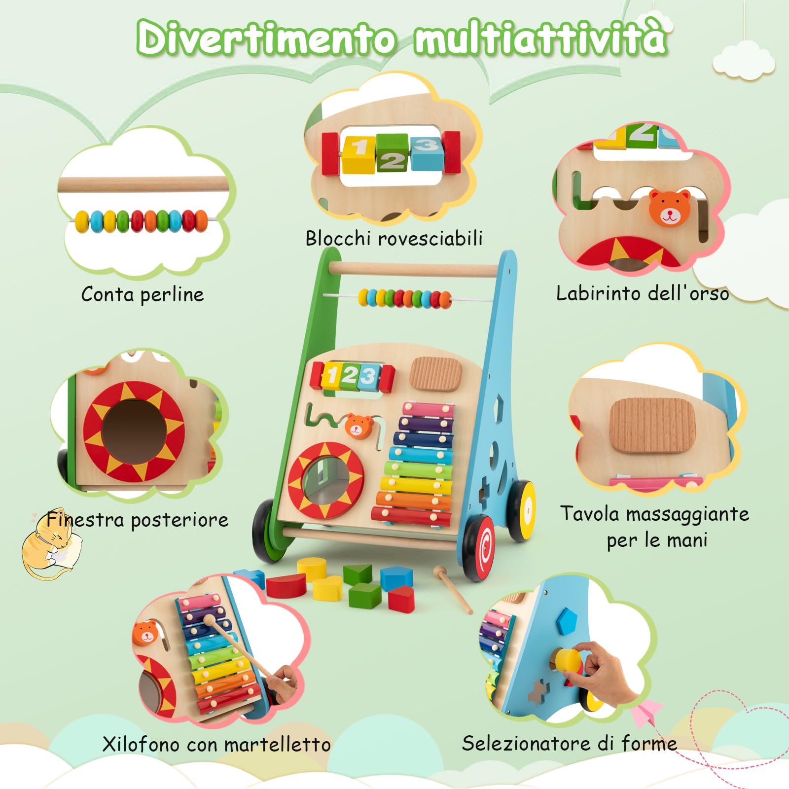 COSTWAY Carrello Primi Passi per Bambini, Girello Neonato in Legno, con Giocattoli Montessori, Centro Attività con Ruote, per Bambini 12+ Mesi (Colorato)