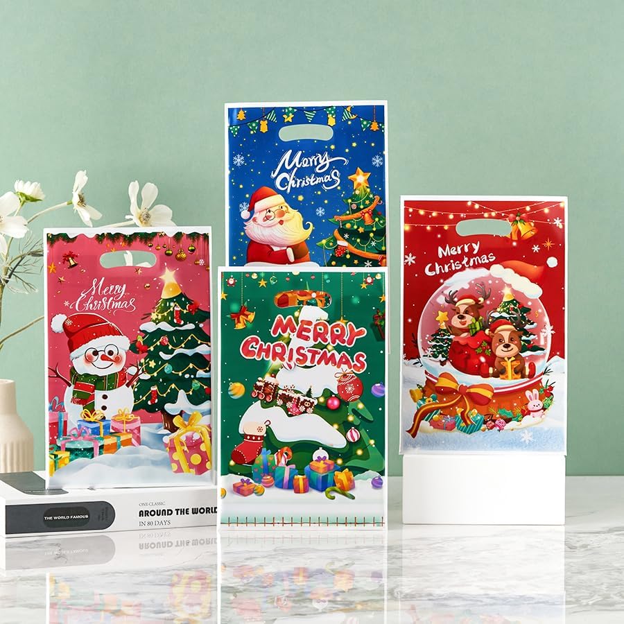 FJAKA 30pcs Christmas Plastic Gift Bags with Handles, Merry Christmas Goodie Bags, Santa Claus Plastic Goody Candy Cookie Snack Treat Party Favor Bags for Winter Xmas Holiday Party Decorations Favors - Image 4