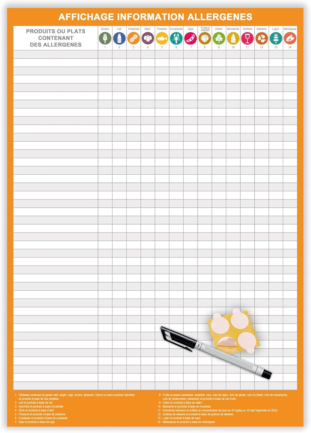Segnaletica allergeni per ristorante, panetteria, catering (A3 plastificato cancellabile 42 x 29,7 cm) - Pannelli allergeni per ristorazione 2026 + pennarello + supporti adesivi (A3AllOrang)
