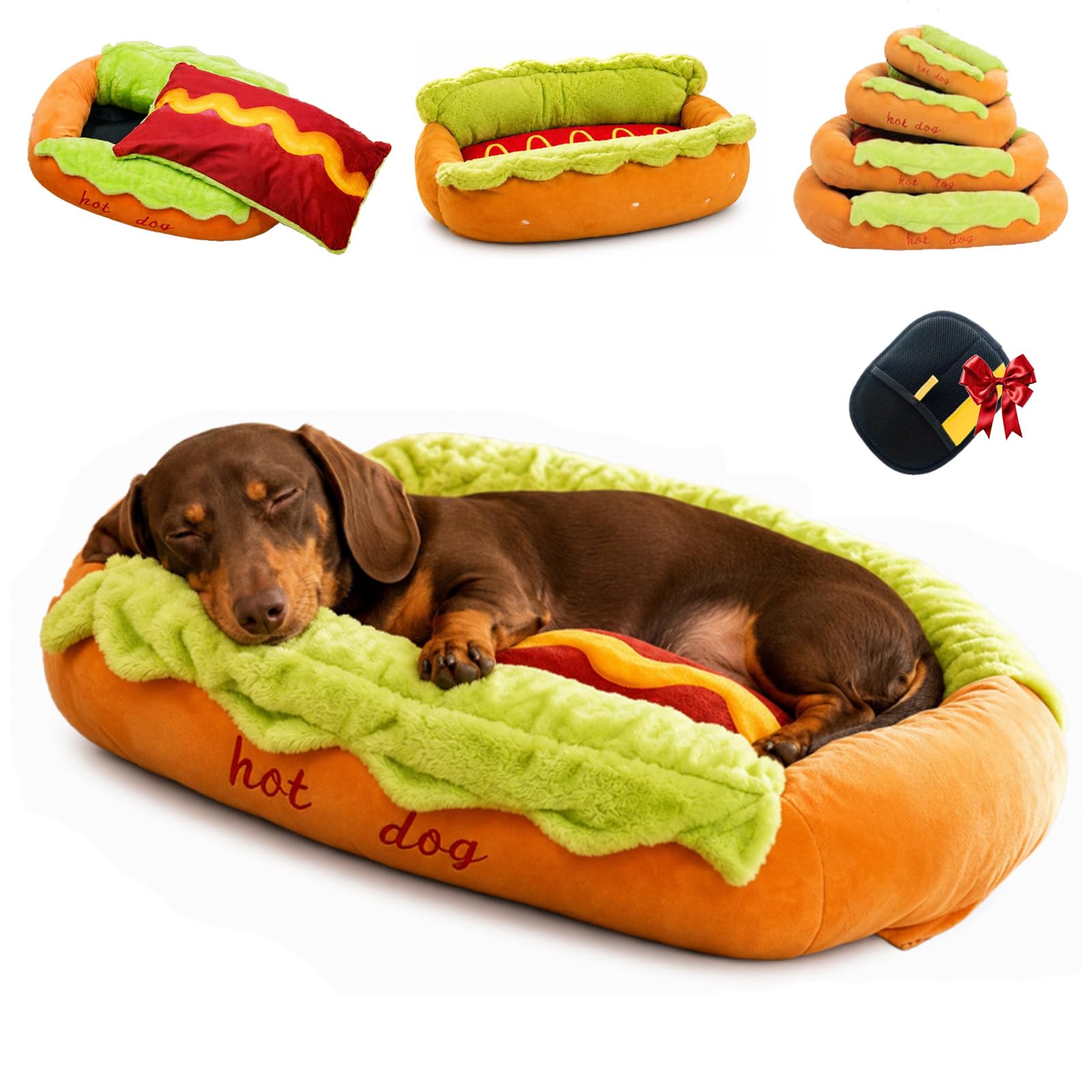 Cama Hot Dog para Perro Salchicha, Sofá de Peluche en Forma de Pan para Perros Pequeños y Gatos, Colchoneta Extraíble Lavable y Base Antideslizante (Hot Dog Bed,XL)