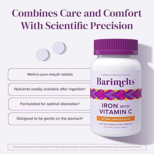 Miniatura 4 de Barimelts Iron with Vitamin C, 90 Fast-Dissolving Tablets (1-Month Supply), Sugar-Free Bariatric Iron Supplement for Women, Natural Orange Flavor