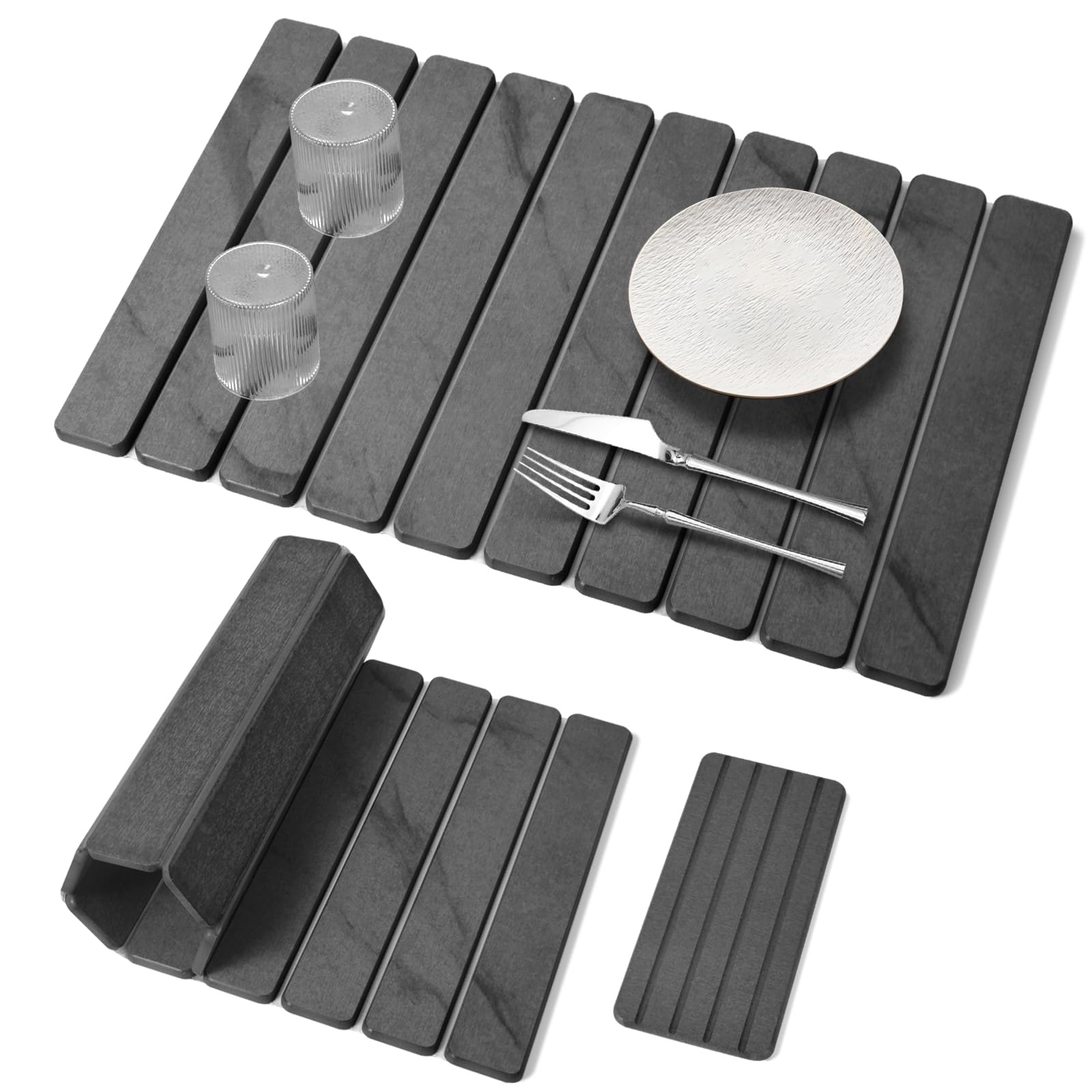 Photo 1 of 2 PCS Large Stone Dish Drying Mat for Kitchen Counter, 24"×16" Marble Dish Drying Mat with 8"x 4" Coasters, Non - Slip Collapsible Absorbent Mat for Multi - Purpose, Match Any Countertop?Gray?