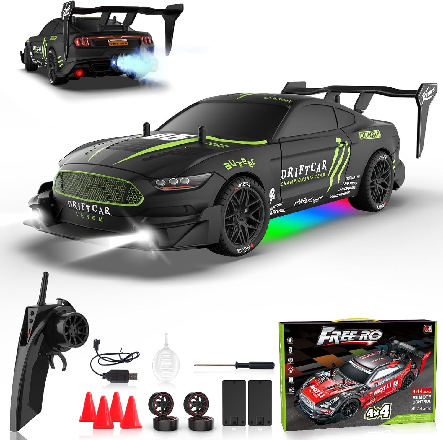 Remote Control Car 1:16 Scale RC Drift Cars 2.4Ghz 4WD 30KM/H High Speed Race Cars with LED Lights Drifting Tires 2 Rechargeable Batteries RC Sports Car for Kids Boys Girls Adults Party Birthday Gift