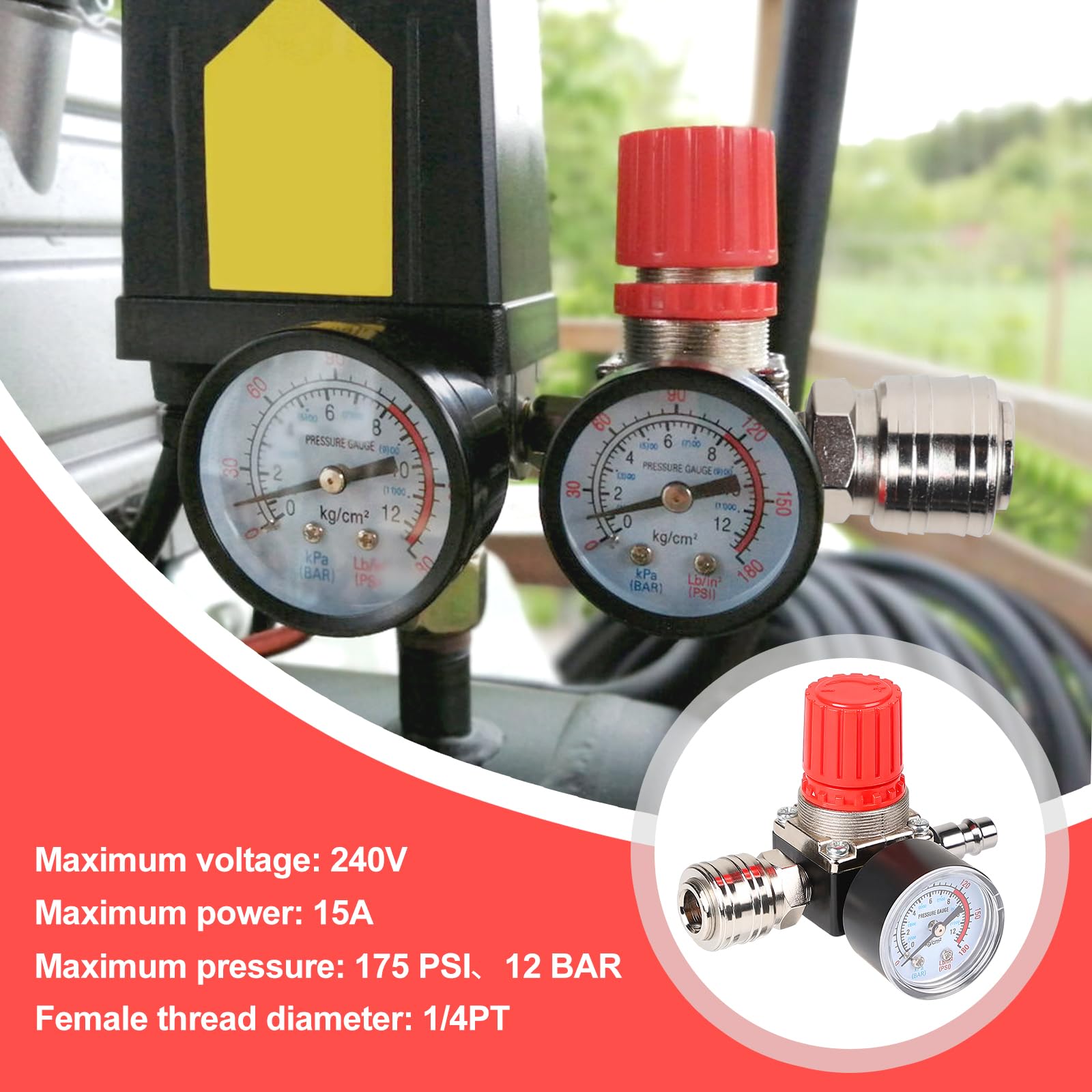 CPROSP Pressure Regulator Compressed Air 1/4 Inch 4 Holes with Teflon Tape and Pressure Gauge - Image 4