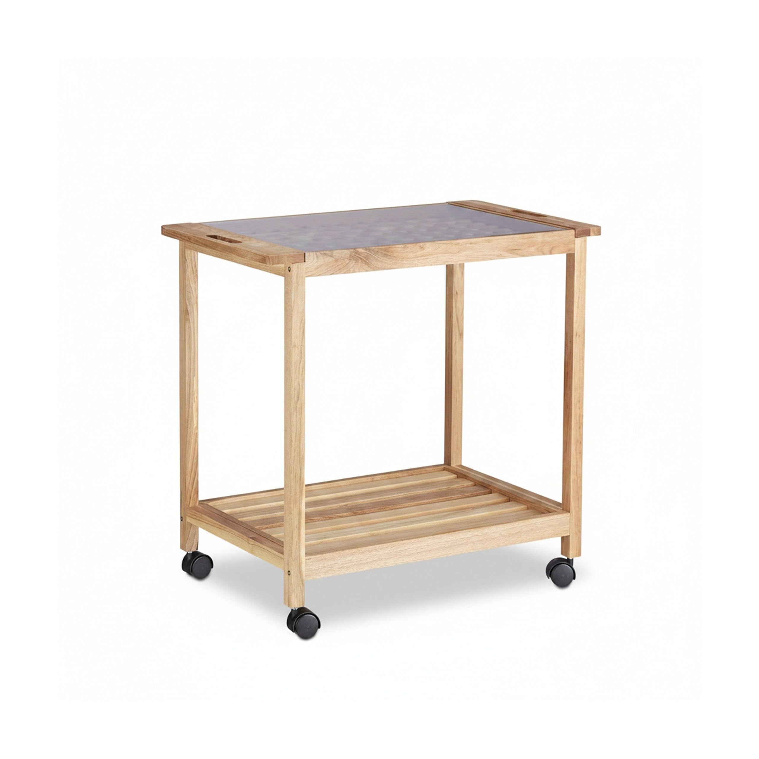 Relaxdays Carrello Portavivande Cucina, Legno di Noce, Carrellino con Ruote, Piano in Vetro, 62x66x38 cm, Marrone Chiaro