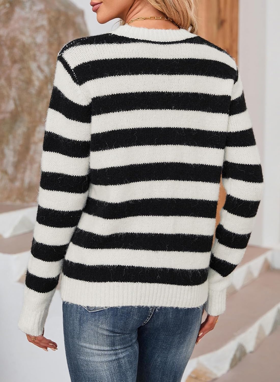 Dokotoo Sweaters for Women 2025 Crewneck Striped Cute Color Block Fall Winter Knitted Pullover Tops - Image 5