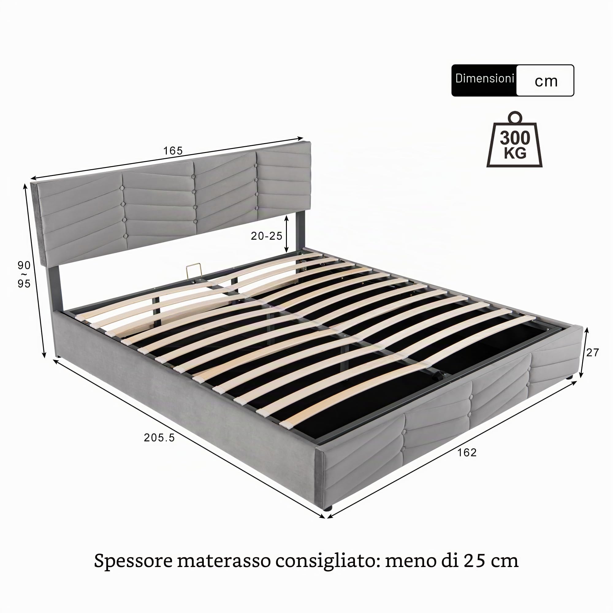 Letto Matrimoniale con Contenitore 160x200 cm,Letto Una Piazza e Mezza con testiera Regolabile in Altezza, Letto Contenitore con Rete a doghe, Struttura Letto Matrimoniale in Velluto Grigio