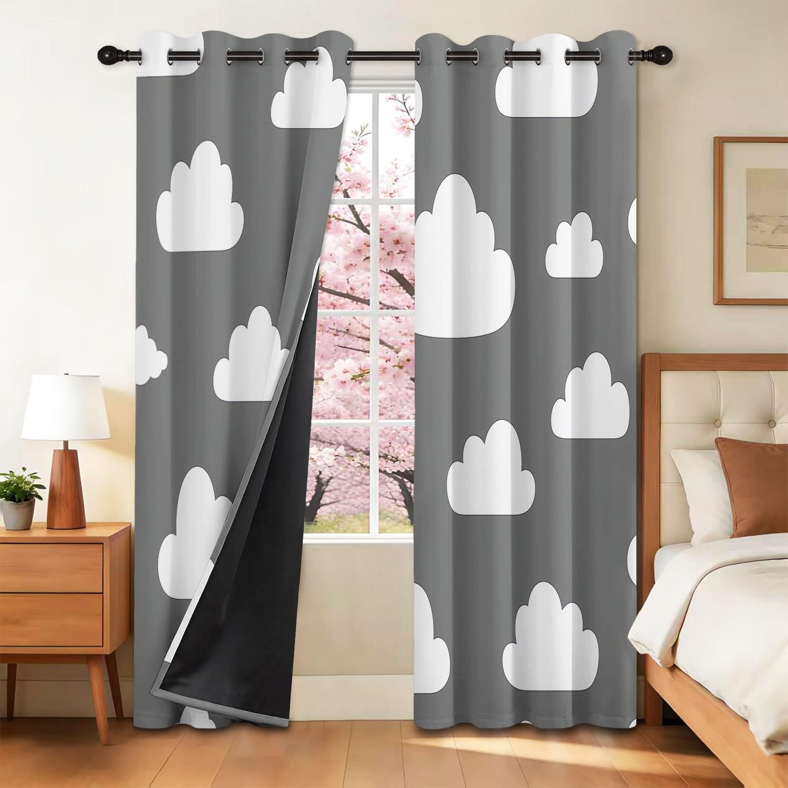 Rideau Occultant Isolants Thermiques À Oeillets Nuages Minimalistes, 140 x 260 cm Lot de 2 Rideaux Thermiques Isolants Anti Froid Imprimé pour Salon Chambre Bebe Enfant, Blanc