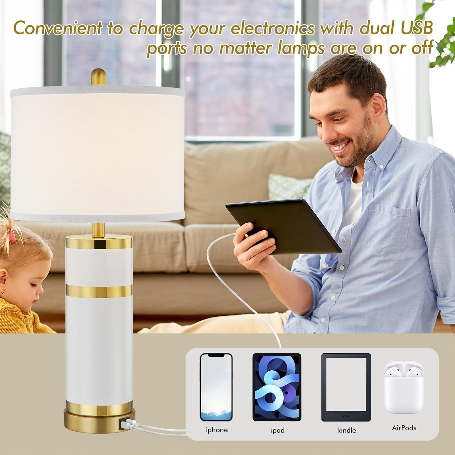 Ceramic White Gold-Plated Decorative 28" Table Lamps Set of 2 with E26 Socket&Rotary Switch,USB A+C Ports,Modern Bedside Lamps for Nightstand,Bedroom,Living Room,Decoration,Office(Bulbs in)