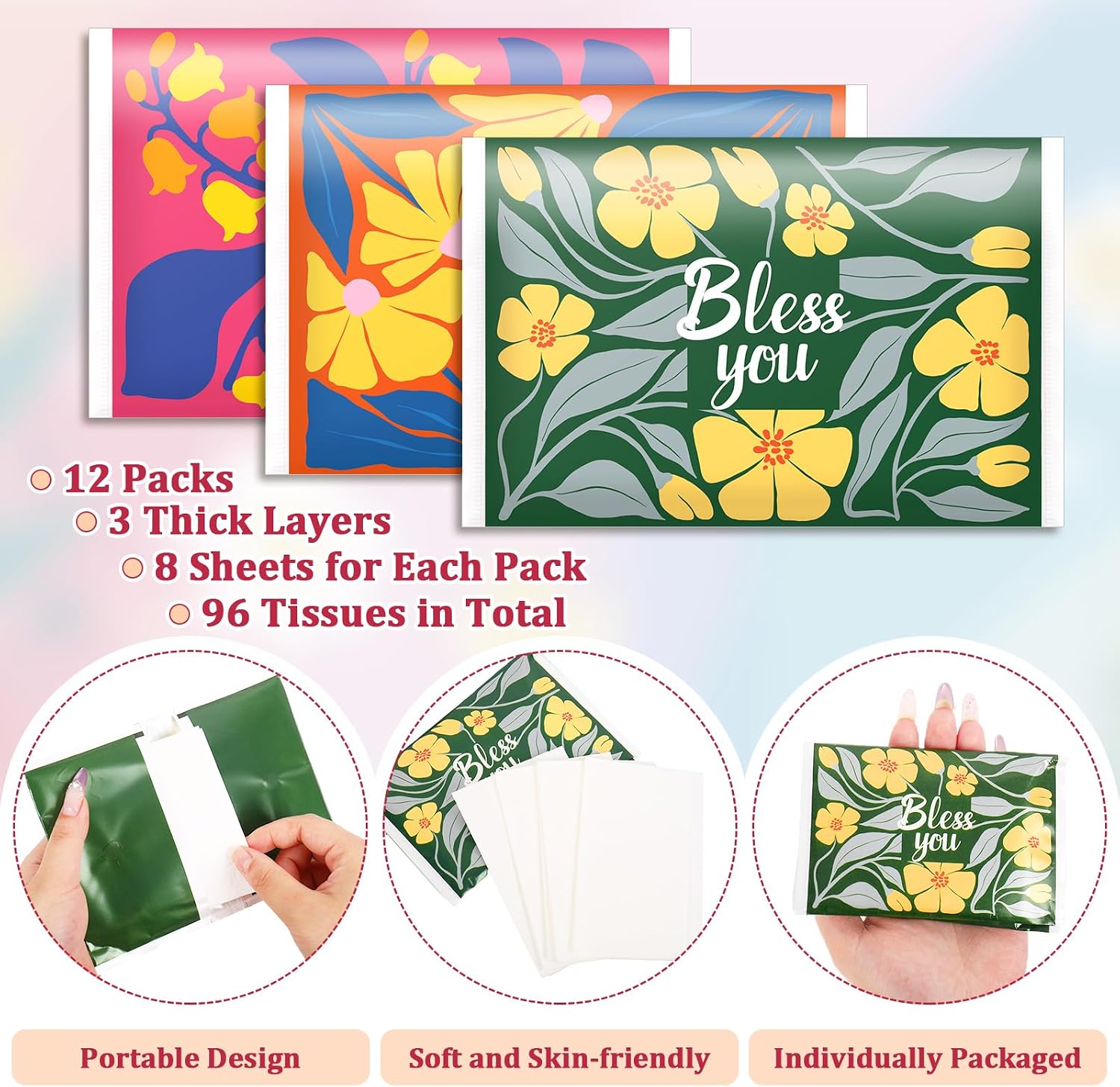 JarThenaAMCS 12 Pack Bless You Travel Pocket Tissues 8 Count 3 Ply Floral Facial Tissues Individual 96 Sheets Christian Bible Verse Gift for Homeless Care Holiday Party Supplies