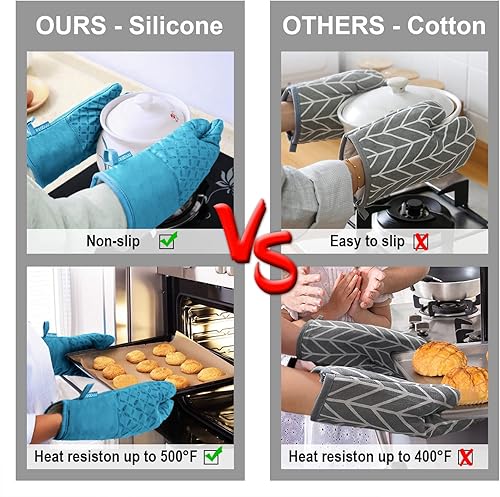 Miniatura 5 de KEGOUU Juego de 6 guantes de horno y soportes para ollas, guantes de horno de cocina de alta resistencia al calor, 500 grados extra largos y