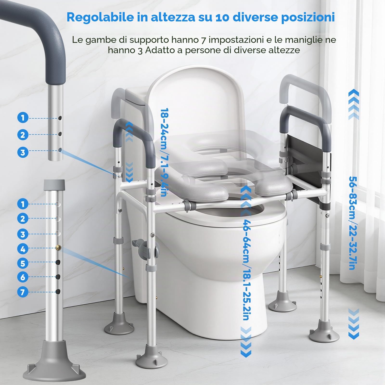 Alzatore per WC con Braccioli, Alzatore per Sedile del WC per Anziani con Altezza e Larghezza Regolabili, Sedile Rialzato per Anziani, Disabili, con Seduta Imbottita, Si Adatta a Qualsiasi WC