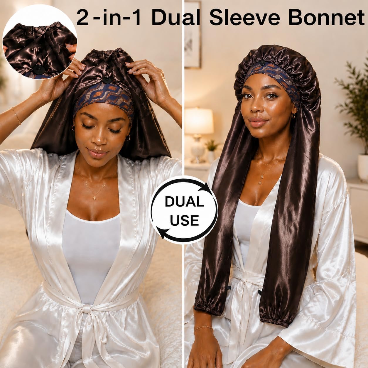 Isshin Beauty Satin Hair Bonnet for Sleeping Women: Dual Sleeve 2 in 1 Long Hair Protector Anti Frizz Sleep Cap
