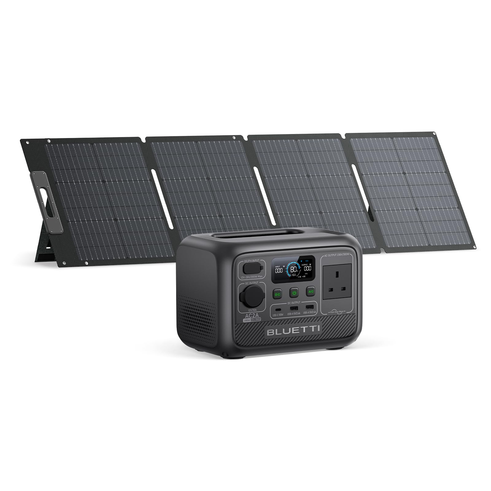 Portable Power Station AC2A with 100W Solar Panel, 204Wh LiFePO4 Battery Backup 300W (600W Power Lifting) AC Outlets, Recharge to 80% in 40 Min., Solar Generator for Outdoor Camping