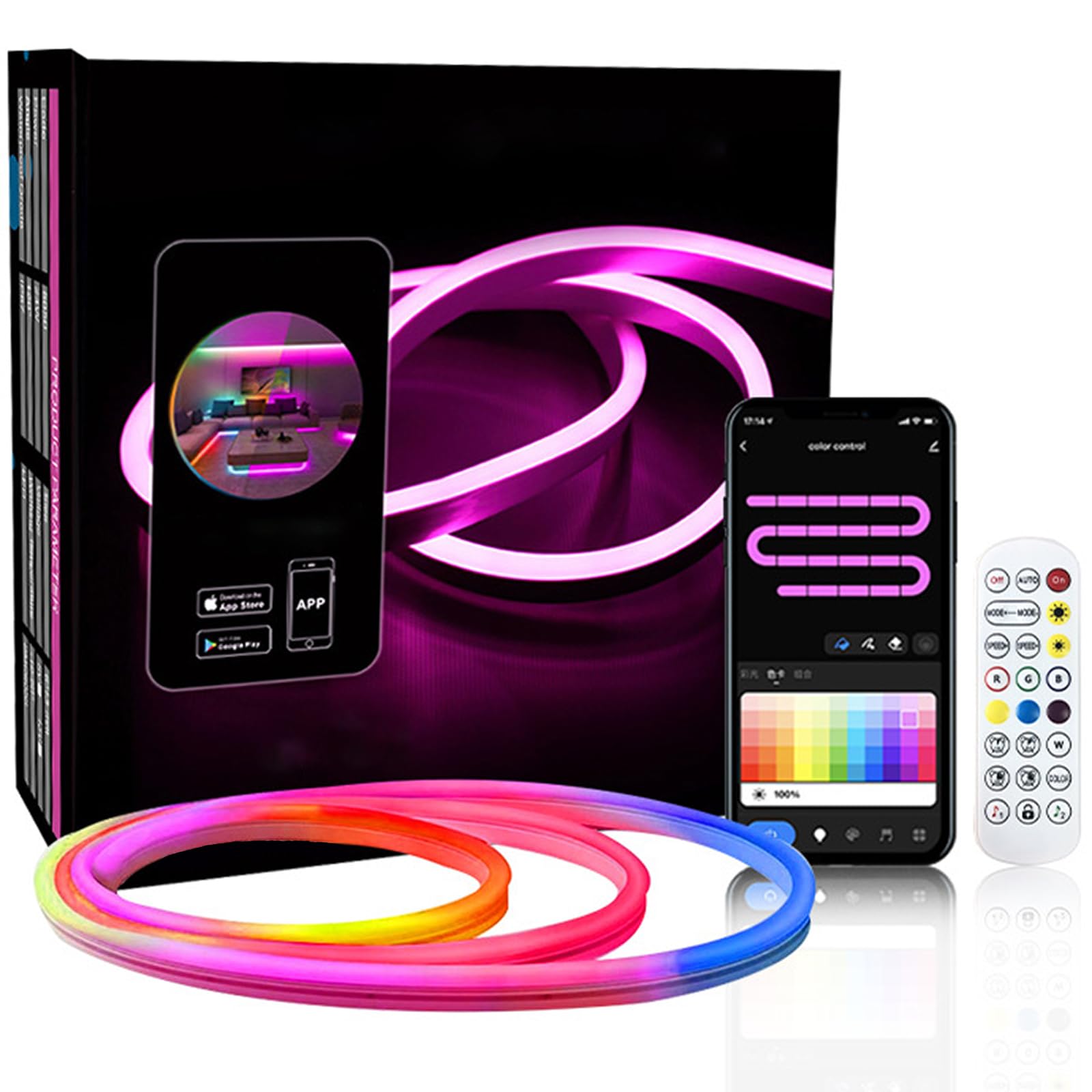 Tira LED de neón, iluminación ambiental activada por voz Wi-Fi/Bluetooth, control con aplicación/mando a distancia múltiples modos, sincronización de música, tira de luz flexible que cambia WiFi -10m