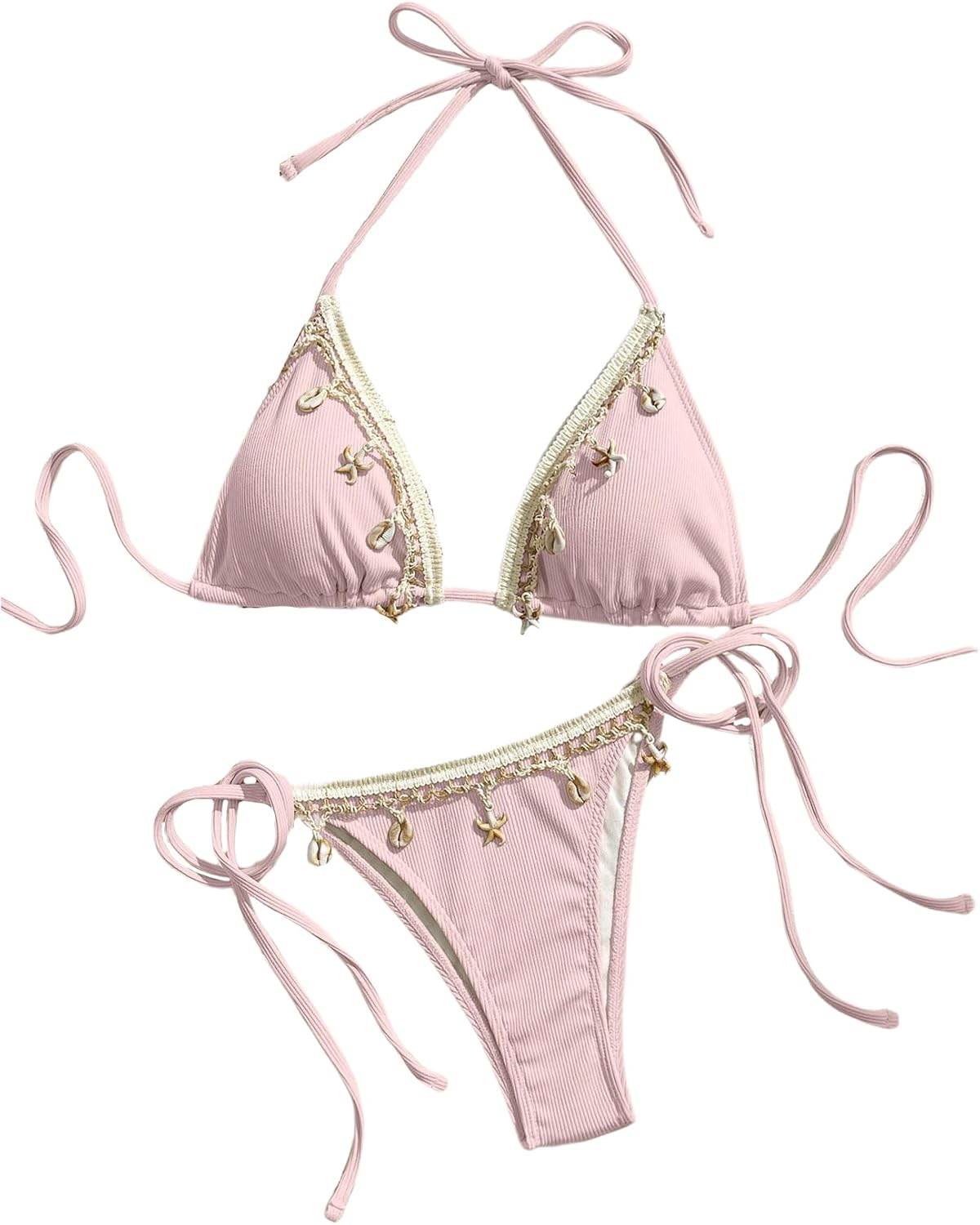 Verdusa Women's 2 Piece Sexy Halter Triangle Bikinis Thong Tie Seashell Bikini Sets Swimsuits Swim Bathing Suit