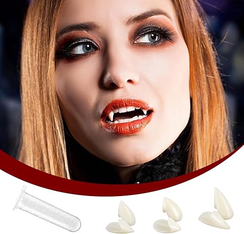 Miniatura 4 de Paquete de 3 dientes falsos de colmillos de vampiro que brillan en la oscuridad con kit de dientes adhesivos, disfraz de zombi de Halloween,