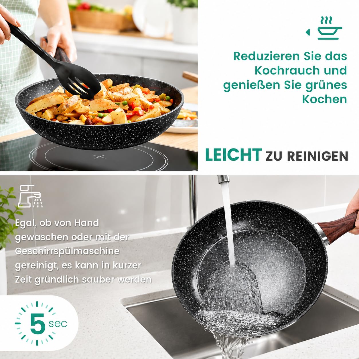 Topfset Induktion und Pfannenset Induktions Töpfe Set 13-teiliges Granit-Antihaft-Kochgeschirr Set mit Bratpfann, Kochtopf & Stielkasseroll, Glasdeckeln, PFAS und PFOA Frei