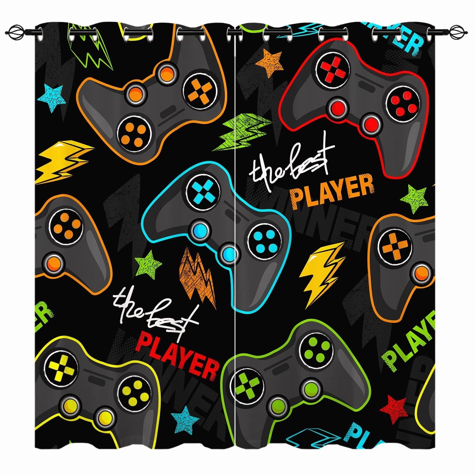 YUANZU Gamepad Curtains - Kids Gamer Video Game Joystick Print Pattern Eyelet Blackout Thermal Insulated & Room Darkening Window Drapes for Boys Teen Bedroom Playroom 2 Panels W106cm x D160cm — image 1