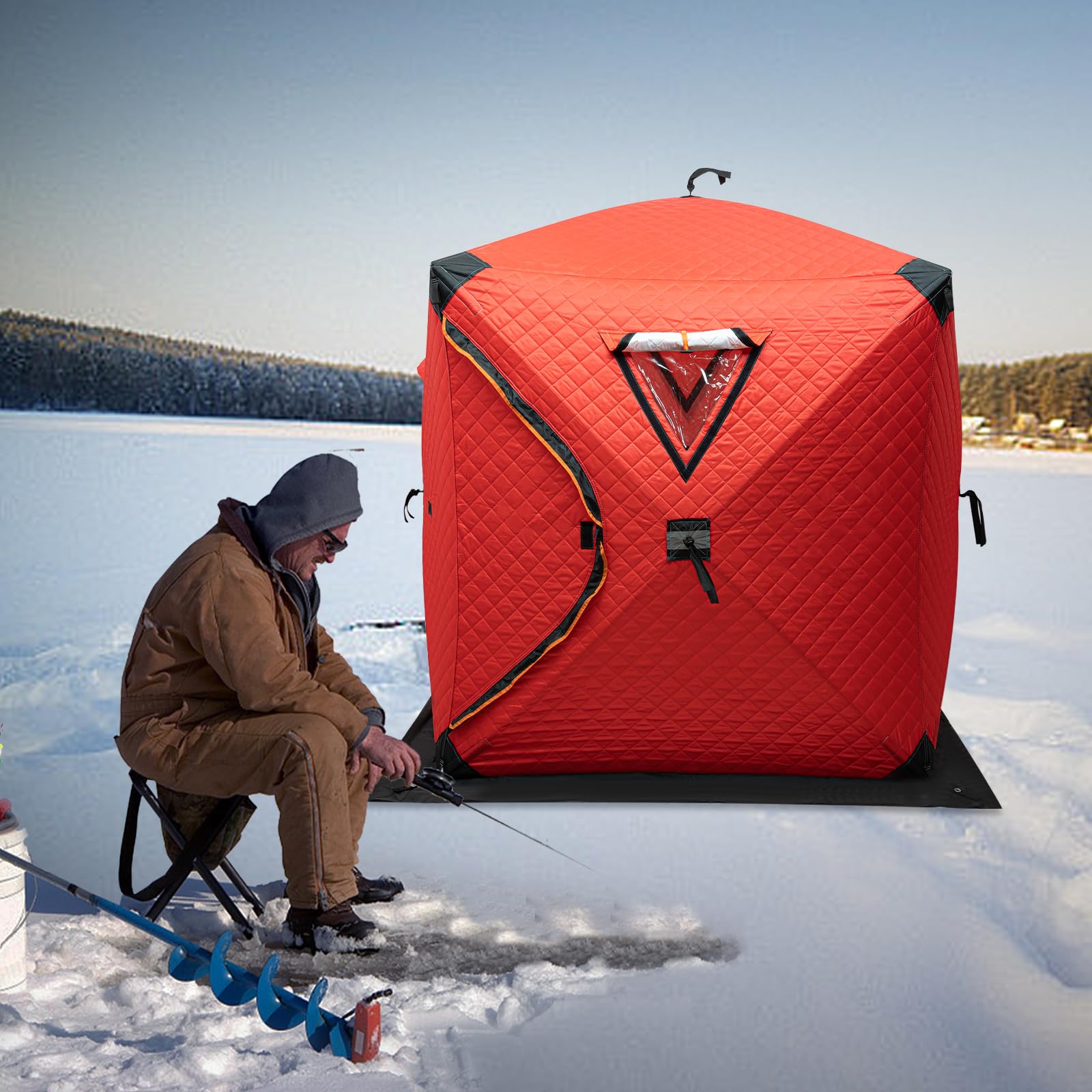 Eisangeln Zelt Wasserdicht, 145x145x165cmTragbares Pop-Up-EIS-Angelzelt mit Winddichter Eisverankerungen,für Winterfischen Outdoor Camping Zelt, Rot