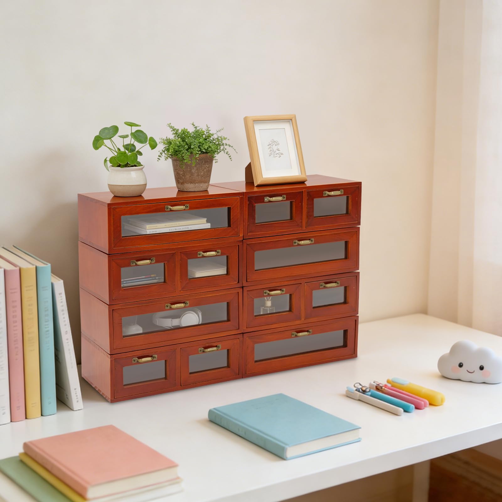 Armadio impilabile in legno con 12 cassetti (per 30 x 18 x 10 cm) | Cassettiera con maniglie e finestre trasparenti, organizer per cosmetici, gioielli, forniture per ufficio, piccoli attrezzi