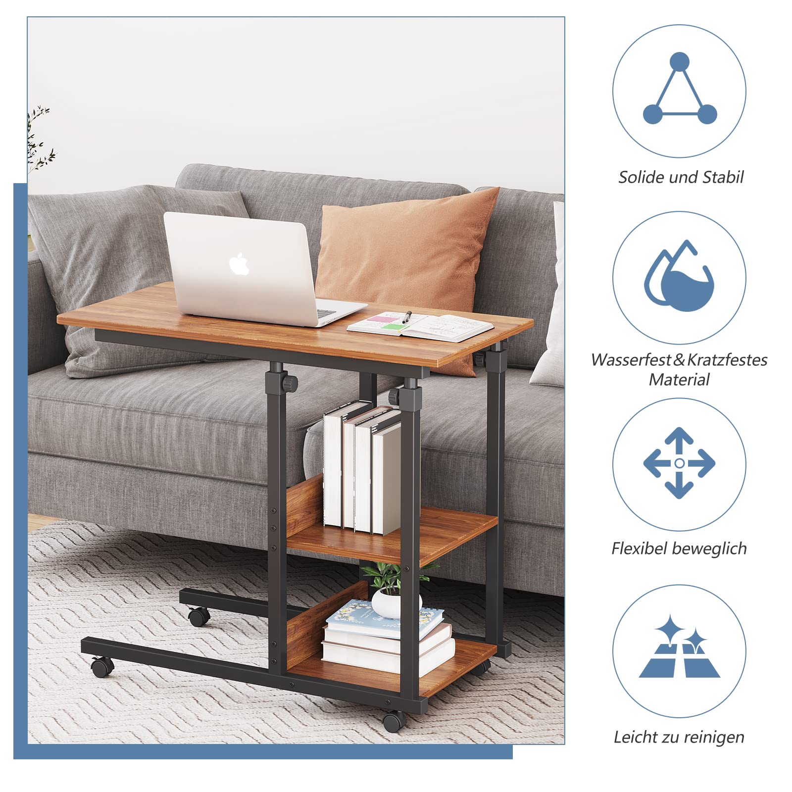 Dripex Scrivania per Computer con Ruote Tavolino 80x40x89 cm Altezza Regolabile Tavolo PC Salvaspazio Mobile per Laptop con Ripiani per comodino, tavolino da caffè, camera da letto (Marrone Scuro)