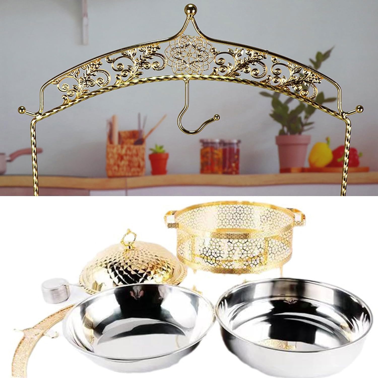JOSBY Juego de bandejas de Buffet de Acero Inoxidable de 6 l/8 l, Tapa Redonda para Colgar, Equipo de Buffet, Calentador de Alimentos con Tapa Colgante, Juego de Buffet con Estufa de Combustible