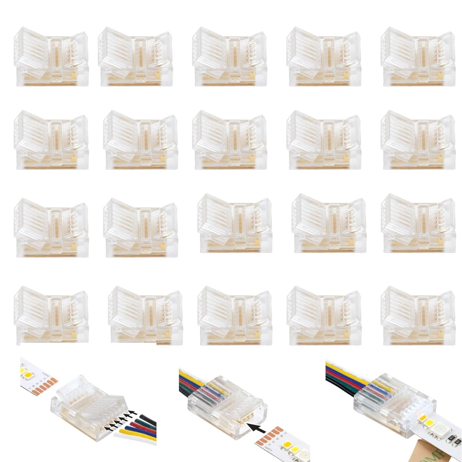 12mm 6-pin wide LED strip connector solderless, 20pcs, 6 wires, for waterproof or non-waterproof LED strip light