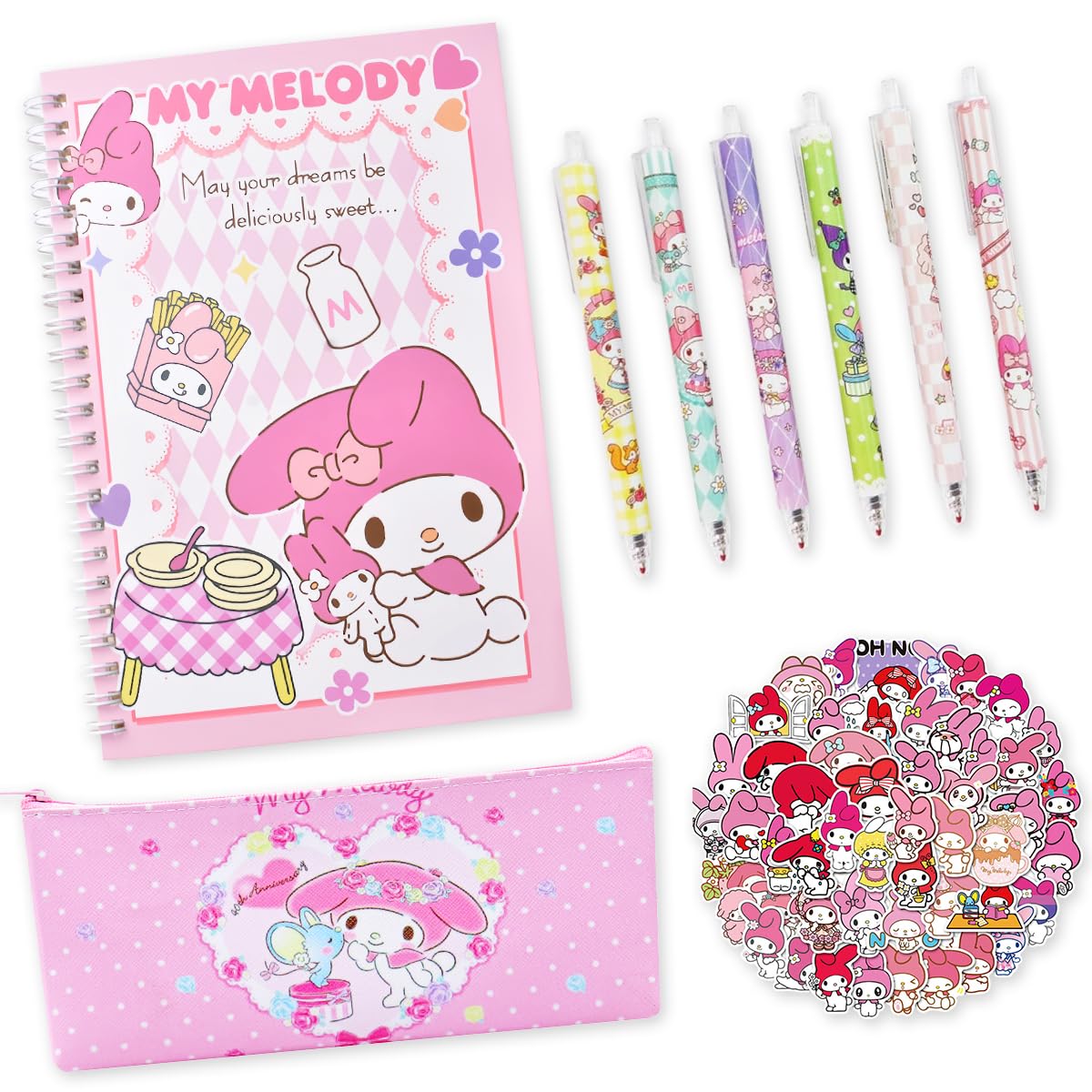 Juego Papelería Kawaii Rosa,Set Papeleria Niña Anime,Papeleria Regalo Escolar Conejo,Suministros Escolares,Cuaderno Espiral,Bolígrafos Negros,Calcomanías,Estuche Lápices,Regalo Cumpleaños Para Niño