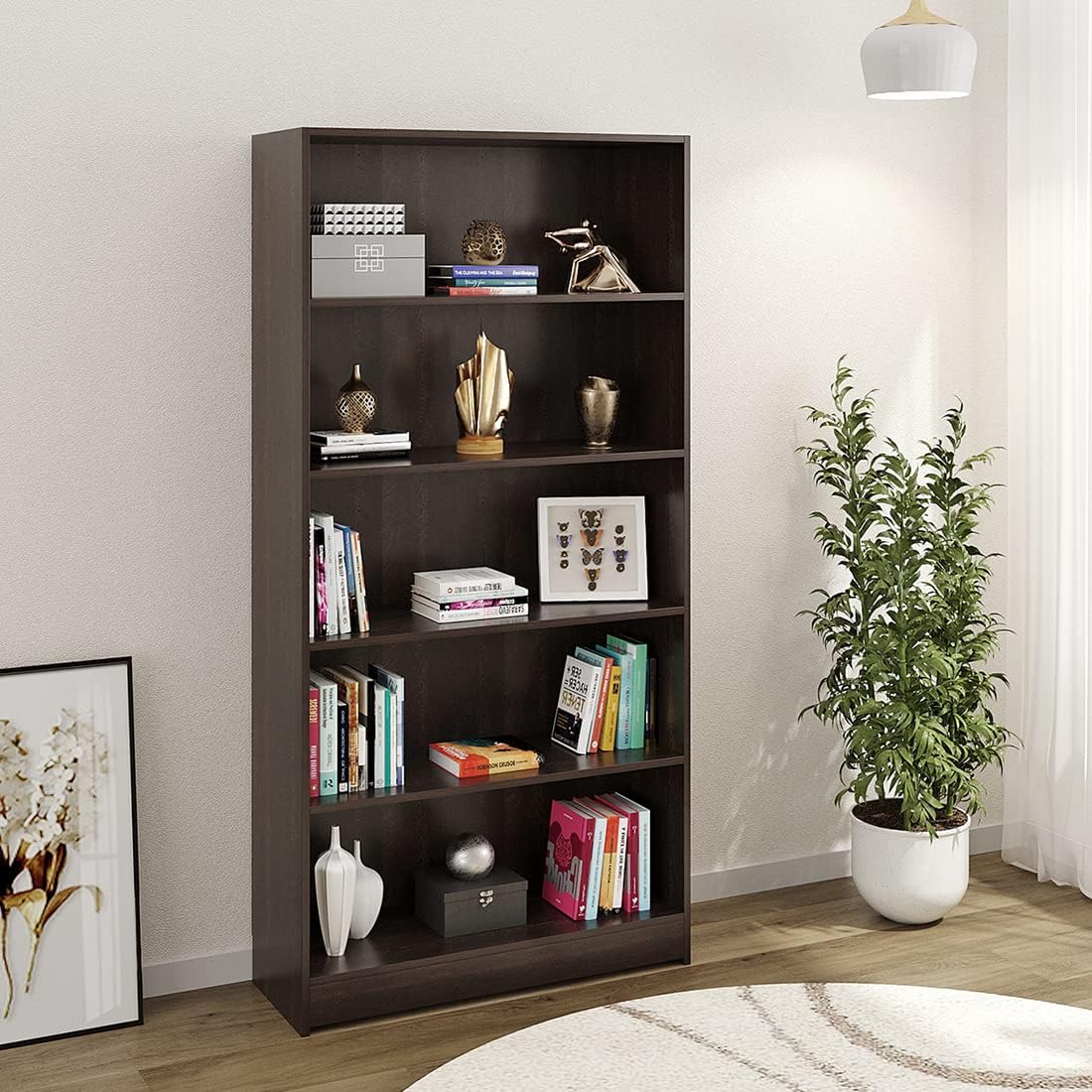 BLUEWUD Alex Engineered Wood Bookshelf Storage File Cabinet Book Rack Organizer with 5 Shelves for Dรฉcor Display Wall Mount Floor Standing for Home Office Study Library (Wenge)