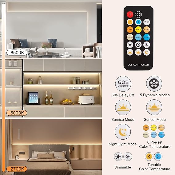 20ft LED Strip Lights, 2700K-6500K Tunable White LED Light Strip with Remote and Plug, 12V 720 LEDs Dimmable Flexible Cuttable Led Tape Light for Kitchen Under Cabinet Bedroom Ceiling Lighting