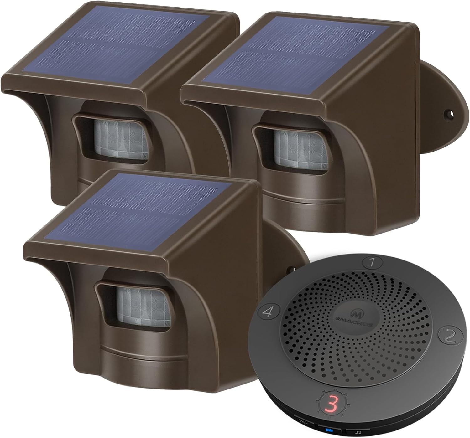 eMACROS Solar Wireless Driveway Alarm — 1/2 Mile Long Range Motion Sensor for Long Driveways, Homes & Large Properties, Outdoor Weatherproof Security Alert System (1 Base Station with 3 Sensors)