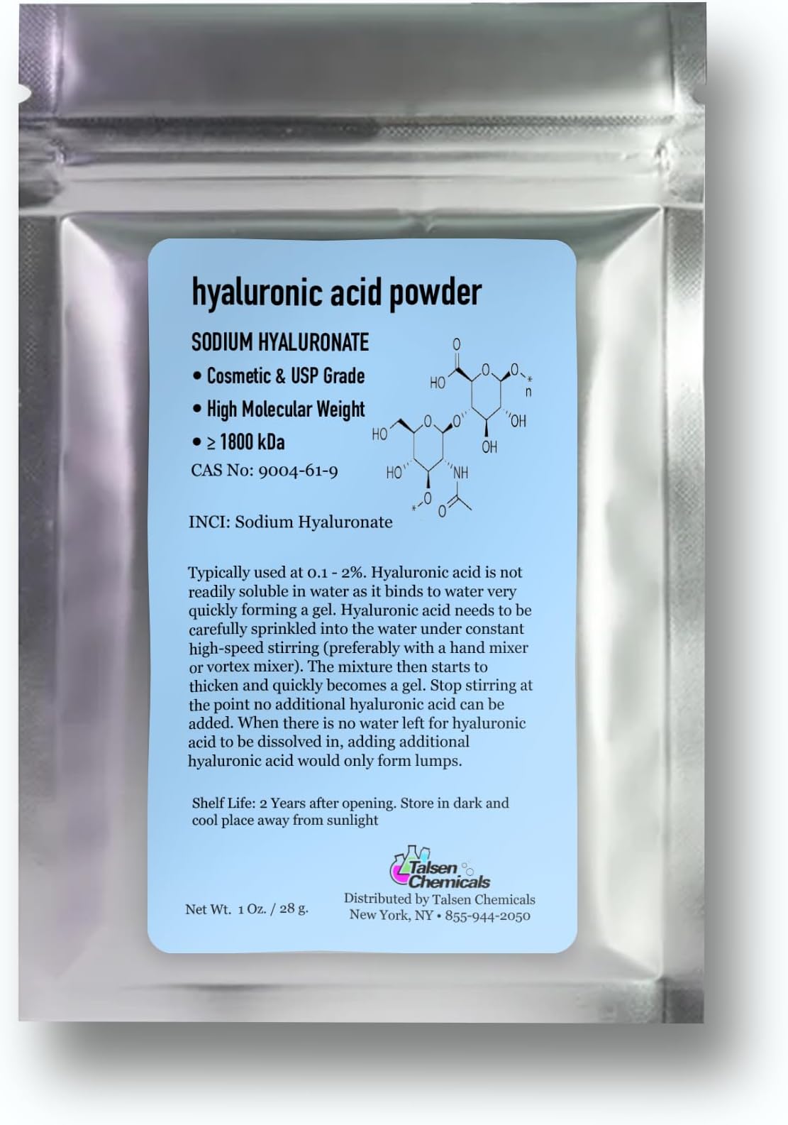 Pure Hyaluronic Acid Powder (1 oz. / 28 grams) 1800 kDa+ Natural Cosmetic Grade, Hyaluronic Acid High Molecular Weight Powder, DIY Serums