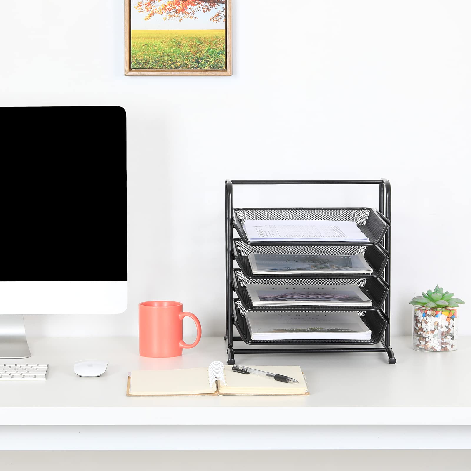 EasyPAG 4 Niveles Metal Malla Oficina A4 Escritorio Bandeja Documento Soporte Archivos Organizador Revistero Almacenamiento Papeles Clasificador Carta Estante Folios,Negro