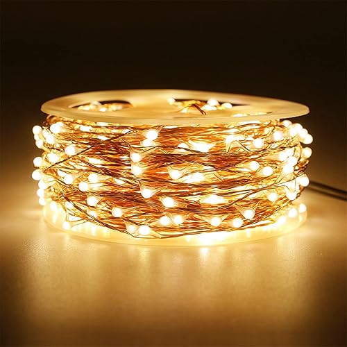 Miniatura 2 de RUICHEN Guirnalda de luces regulables enchufables de 99 pies, 300 luces LED de alambre de cobre parpadeantes con control remoto, blanco cálido