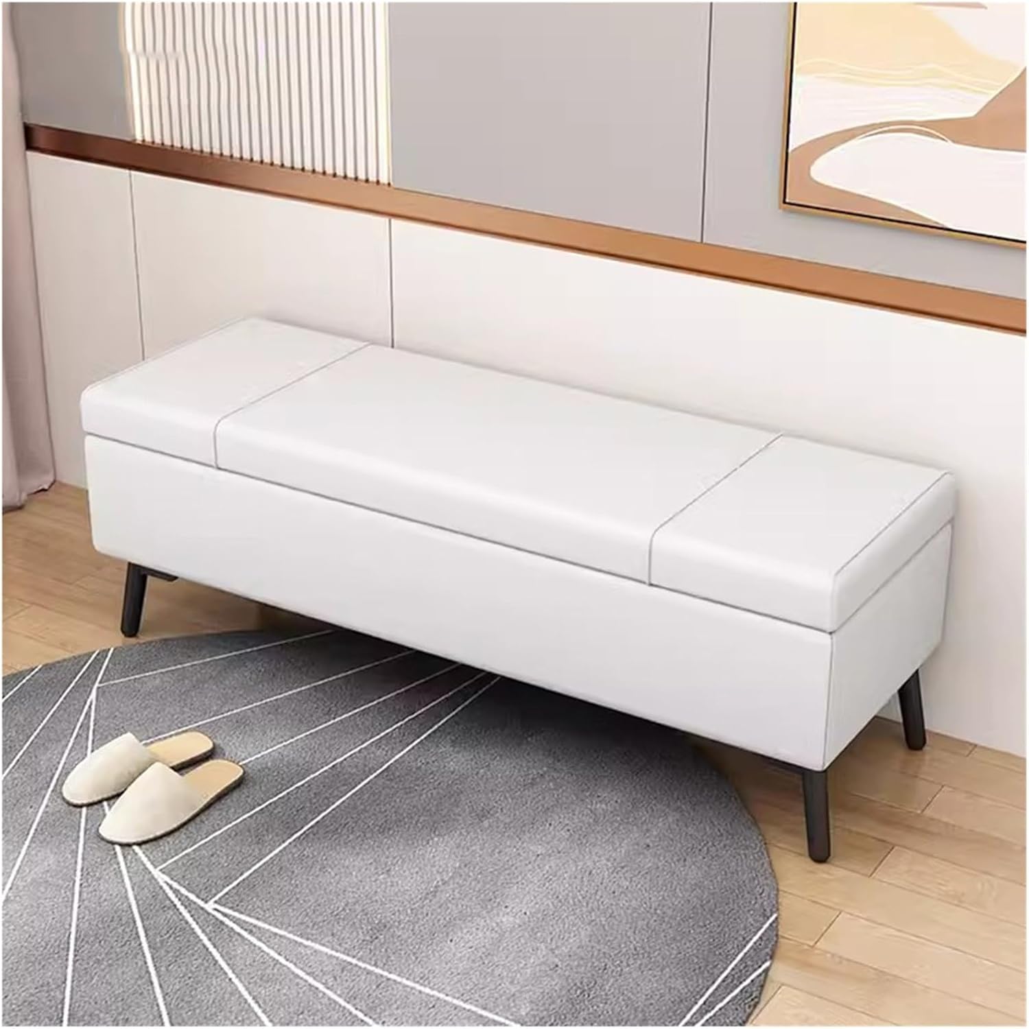 MEHWSUR Faux Leather Ottoman Storage Bench Stool with Storage,Upholstered Bedroom Bench for End of Bed,Extra Long Storage Bench for Bedroom and Living Room (Color : White, Size : 60CM)
