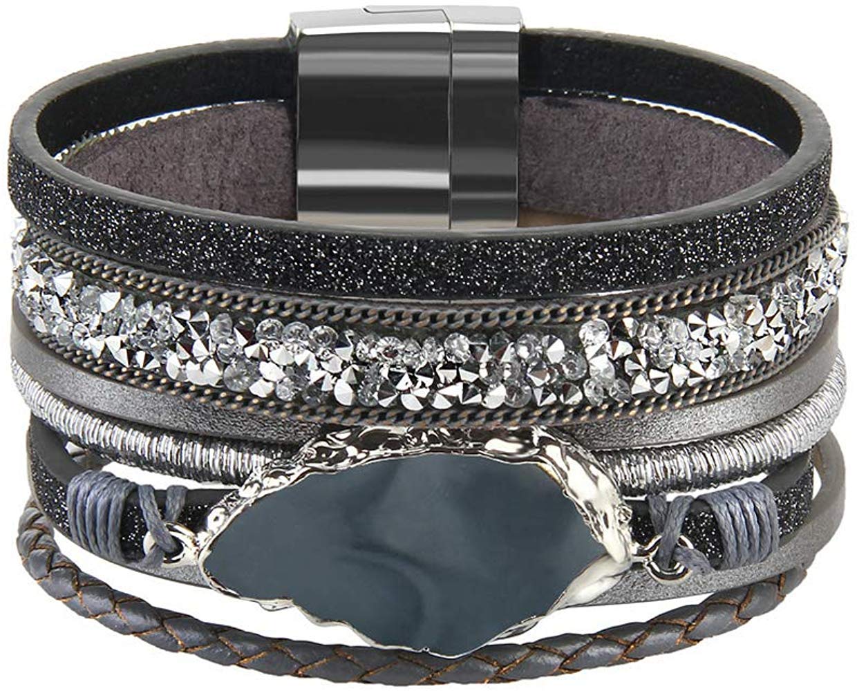 AZORA Leather Cuff Bracelet Multi Rope Wrap Bangle with Stone Cuffs Bracelets for Women Gift (Gray-leather bracelet for women)