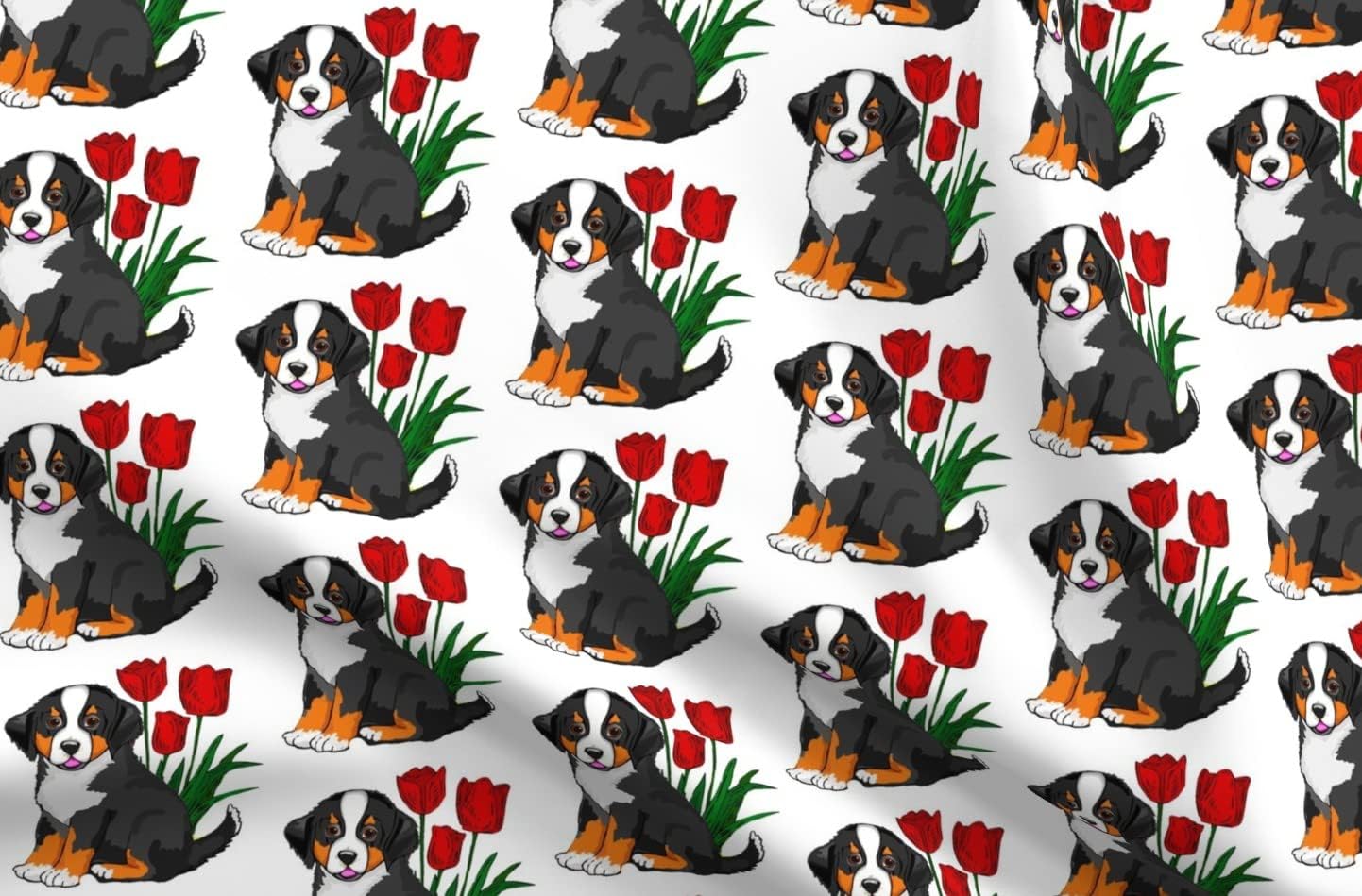 Spoonflower Fabric - Bernese Puppy Tulips Mountain Dog Red White Printed on Upholstery Velvet Fabric Fat Quarter - Upholstery Home Decor Bottomweight Apparel