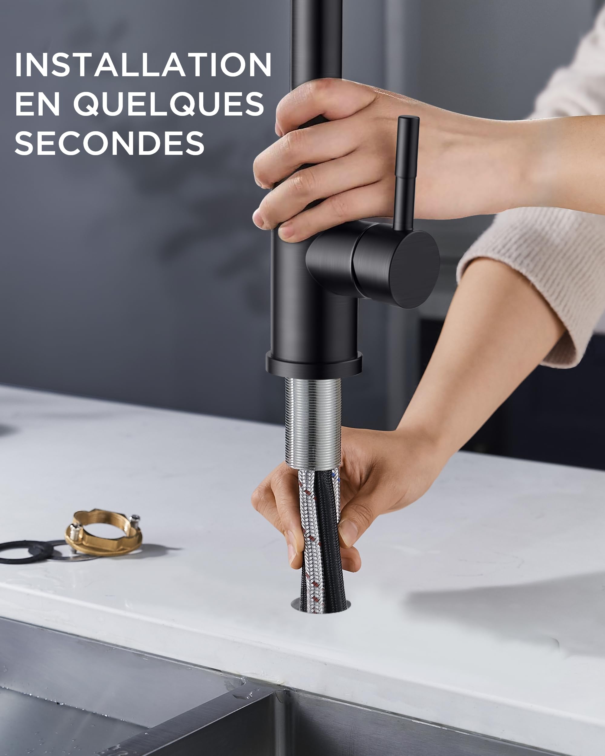 FORIOUS Robinet de Cuisine Cascade, Rotatif à 360° Mitigeur Cuisine avec Douchette, à Haute Pression avec Levier Unique et 3 Modes de Pulvérisation, Noir Mat