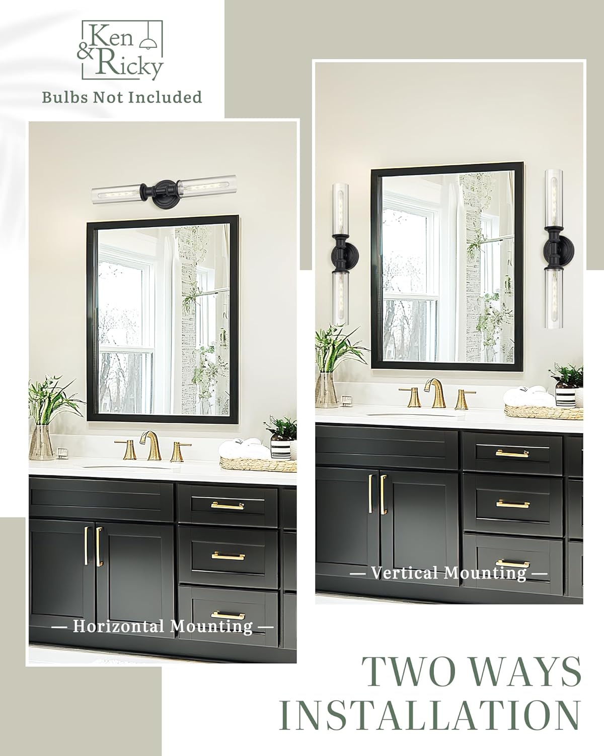 Ken & Ricky Modern Bathroom Sconces Set of 2, Matte Black Bathroom Wall Sconces,24-Inch Wall Sconce Light Fixtures Side of Mirror for Bathroom Living Room Bedroom