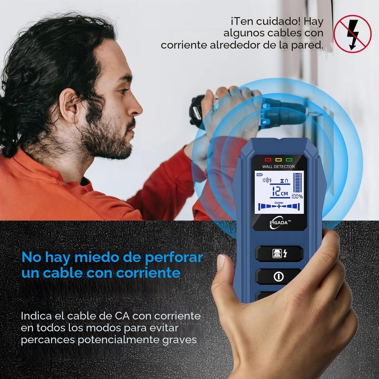 Detector de Pared de vigas de hasta 12cm contiene bolsa protectora,Detector Cables y TuberÍas 6 en 1,Localizador de Línea con Pantalla LCD,Escáner de Madera, AC cable, Metal Magnético, Alarma Doble