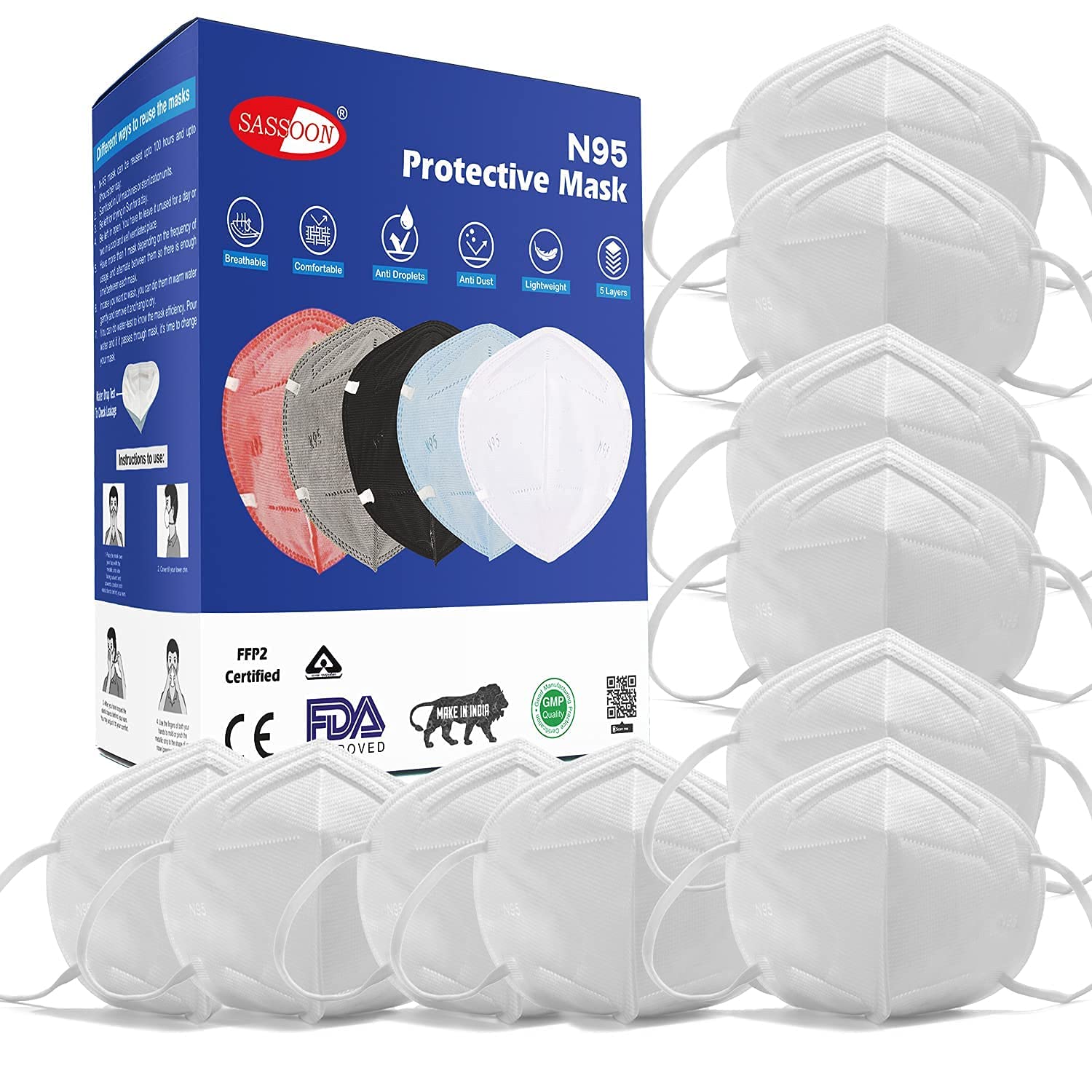 Sassoon BIS Approved N95 Face Mask Combo- Cotton Reusable & Washable Mask with 6 Layer Protection