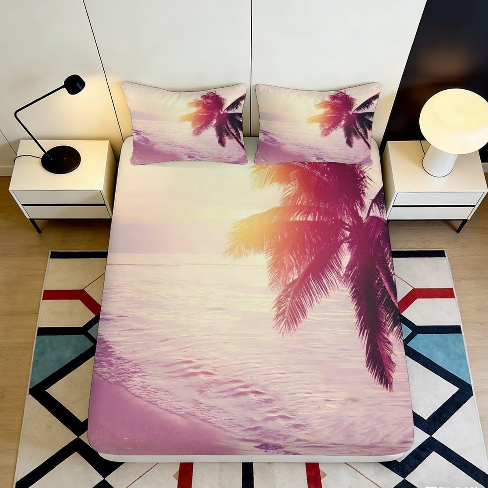 3D Printed Sunset Beach Palm Fitted Sheet Microfiber Soft Mattress Cover for Bedroom Guest Room Dorm Decor 90x200x25cm