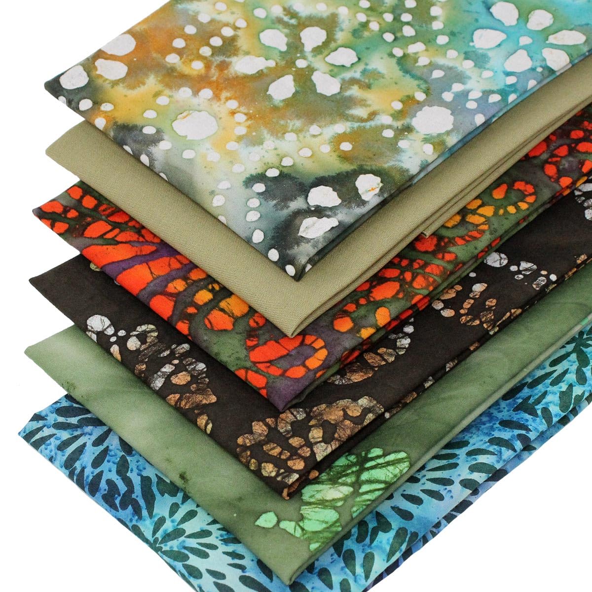 Overdale Fabrics Green, Brown, Blue, Orange 6 Fat Quarters Batik Bundle - 'Earth, Wind And Fire' Fabrics In Blue, Brown, Orange & Green. 100% Cotton For Quilting, Patchwork & Crafting (With Free Patchwork Pattern By Overdale Fabrics)
