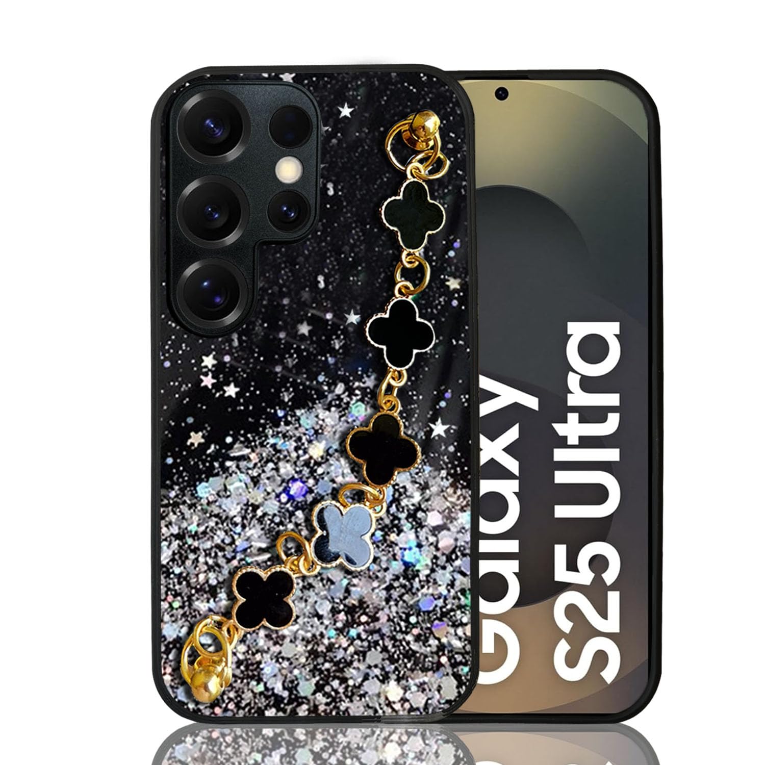 KC Back Cover for Samsung Galaxy S25 Ultra 5G – Dry Fixed Non Moving Starry Glitter Tiny Flowers Bracelet Chain Shockproof Soft Silicone Camera Protection Case (Black)