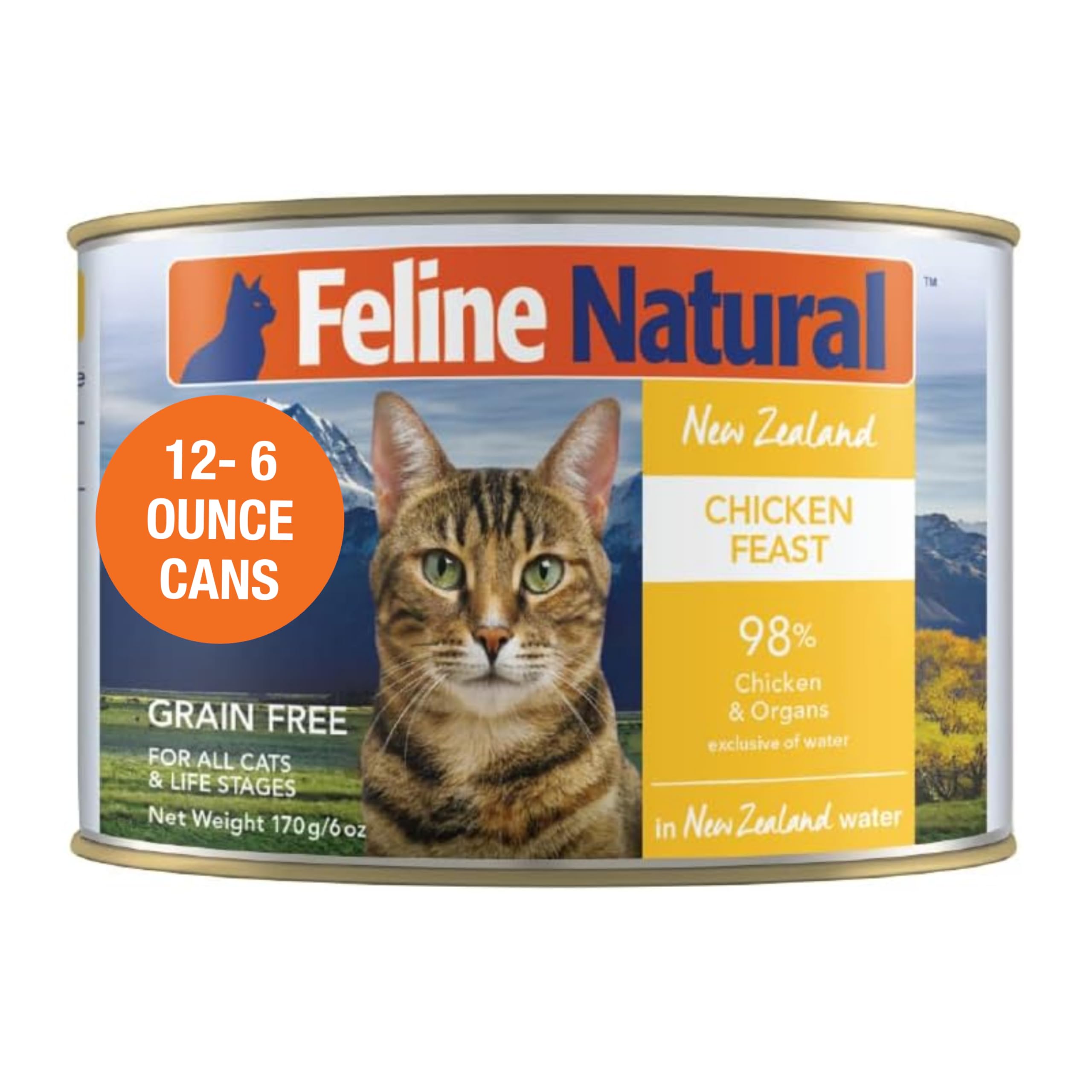 Feline Natural New Zealand Canned Catfood Wet Food, High-Meat, Low-Carb, & Grain Free Cat Food Wet, Chicken Feast, 6 oz, Pack of 12